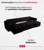 A black sectional sofa with a visible storage compartment, highlighted with text and dotted lines. Produktbild-Vorschau