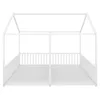 A white metal house bed frame with two mattress bases and a railing. Produktbild-Vorschau