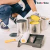 A person is shown painting, with cans of yellow paint, a roller, and a paint tray. Produktbild-Vorschau