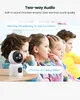 Children are looking at a camera, with speech bubbles indicating two-way audio communication. Produktbild-Vorschau