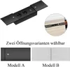A collage of images showing a black built-in power strip with two outlets and USB ports, a close-up of a similar power strip installed in a desk, and two examples of the product's opening variants labeled 'Modell A' and 'Modell B'. Produktbild-Vorschau