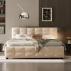 A bedroom scene featuring a beige upholstered bed with a tufted headboard and a draped blanket. Produktbild-Vorschau