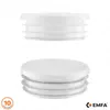 Two white plastic pipe end caps are shown against a white background. The top cap is shown from the side, revealing its ribbed structure. The bottom cap is shown from the top, stacked with two other identical caps. Produktbild-Vorschau