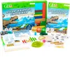 A collection of items for a dinosaur-themed advent calendar, including boxes, a handbook, and various experiment components, laid out on a white background. Náhled obrázku produktu