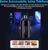 A car charger is shown in the center, surrounded by images of smartphones and vehicles, with text overlays describing its features and compatibility. Produktbild-Vorschau