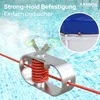 A close-up of a pool cover clip mechanism with a pool in the background, and an inset showing the clip attached to a pool cover. Produktbild-Vorschau