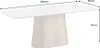 A white rectangular dining table with a light brown pedestal base, shown from a side angle with dimensions indicated. Produktbild-Vorschau