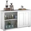 A white sideboard with sliding doors, displaying decorative items and storage jars on its shelves and top. Náhľad obrázku produktu
