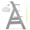 A side view of a grey high chair with text and a measurement indicator. Produktbild-Vorschau