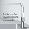 A chrome kitchen faucet is shown in a studio setting with text overlay describing its features. Produktbild-Vorschau