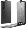 A black flip case for a Samsung Galaxy S23 phone is shown, with the phone inside and the case open. Produktbild-Vorschau