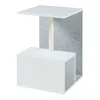 A white side table with a scratching post and a grey felt backing, shown against a white background. Produktbild-Vorschau