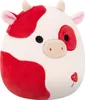 A close-up studio shot of a plush toy cow with red and white patches and a mushroom embroidery. Produktbild-Vorschau