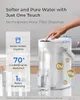 A white water filter dispenser is shown on a countertop with a glass of water and marketing text highlighting its features. Anteprima dell’immagine prodotto