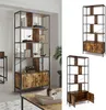 A collage of product images showing a tall, rustic-style bookshelf with two lower cabinets. One image shows the bookshelf in a room setting, and the other two show the bookshelf isolated on a white background with one showing the doors open. Podgląd zdjęcia produktu