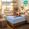 A woman sleeping on a bed with a light blue fitted sheet. Produktbild-Vorschau