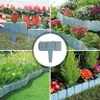 Graue Steinoptik-Gartenkante, die mit einem Hammer installiert wird, gezeigt in verschiedenen Gartenumgebungen und als einzelnes Stück Náhľad obrázku produktu