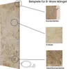 A large panel with a stone-like texture is shown, with close-up insets highlighting imperfections labeled as 'Kantenfehler' (edge defect), 'Kratzer' (scratch), and 'Oberflächenfehler' (surface defect). A power cord and plug are visible at the bottom. Produktbild-Vorschau
