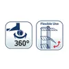 Two icons illustrating product features: one showing 360-degree rotation of a wheel, and another demonstrating flexible use of a drying rack. Produktbild-Vorschau