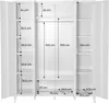 An open, white metal wardrobe with multiple shelves and a hanging rod, showing internal dimensions. Produktbild-Vorschau