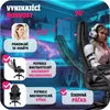 Collage showing a gaming chair with various features highlighted by text overlays and icons, set against a blurred background of a room with neon lighting. A woman in a futuristic outfit is seated in the chair. Náhled obrázku produktu
