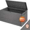 A grey plastic garden storage box with its lid open, shown on a white background. Produktbild-Vorschau