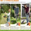 Three people are shown using different attachments on a cordless trimmer in outdoor settings. Produktbild-Vorschau