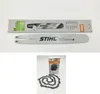 A Stihl chainsaw guide bar and chain are displayed against a white background. The guide bar is shown both in its packaging and separately. A coil of chainsaw chain is also visible. Produktbild-Vorschau