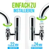 Illustration showing how to install a water filter on a faucet, with text indicating different sizes and adapter usage. Produktbild-Vorschau