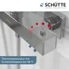 Close-up of a chrome thermostat faucet with red and blue dots indicating temperature settings and a safety lock. Produktbild-Vorschau