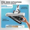A hand is shown holding a vacuum cleaner brush roll, with the vacuum cleaner body visible above. Text overlays describe features and benefits. Produktbild-Vorschau