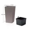 A tall, square planter with a woven texture and a separate black insert are shown against a white background. Dimensions are indicated with text and lines. Produktbild-Vorschau
