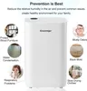 A white dehumidifier is shown in the center, surrounded by circular images illustrating its benefits. Produktbild-Vorschau