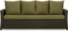 A front view of a brown rattan sofa with green cushions. Produktbild-Vorschau