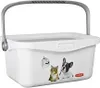 A white plastic pet carrier with a gray handle, decorated with cartoon images of a cat and a dog. Anteprima dell’immagine prodotto