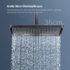 A close-up of a large shower head with water spraying out, with text describing its features. Produktbild-Vorschau