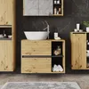 A modern bathroom vanity with a vessel sink and faucet, set against a dark marble-patterned wall. Anteprima dell’immagine prodotto
