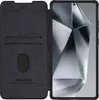 A black flip case for a smartphone is shown open, revealing the phone's screen and the inside of the case. Podgląd zdjęcia produktu