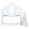 A white wooden bunk bed shaped like a house with a slide and ladder, set against a white background. Produktbild-Vorschau