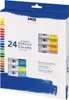 A box of 24 acrylic paint tubes, with a swatch of paint at the bottom. Podgląd zdjęcia produktu