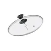 A glass lid with a black handle and metal rim, shown from a slightly elevated angle against a white background. Produktbild-Vorschau