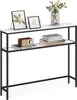 A narrow console table with two shelves, decorated with framed pictures, a vintage radio, books, and a vase of flowers. Náhled obrázku produktu