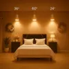 A bedroom scene demonstrating the beam angles of three pendant lights above a bed. Produktbild-Vorschau