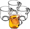 Four clear glass mugs, one of which is filled with amber liquid and has a slice of orange, with a splash of liquid. The other three mugs are empty. Náhled obrázku produktu