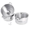 A set of stainless steel pots and a steamer basket with a glass lid, presented against a white background. Produktbild-Vorschau