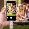 A hand holding a smartphone displaying a group of friends having a picnic, with a USB drive attached to the bottom of the phone. Produktbild-Vorschau