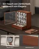 A wooden watch box with 12 compartments and a drawer, displayed on a wooden table. The box is open, showing watches inside. A smaller inset image shows a close-up of a watch and the wood grain of the box. Produktbild-Vorschau