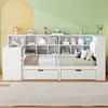 A modern white bed with integrated shelving and drawers, set against a backdrop of yellow and green walls. Náhľad obrázku produktu