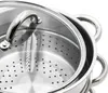 Close-up view of a stainless steel steamer pot with a glass lid. Produktbild-Vorschau