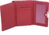 An open red leather wallet with multiple card slots and a clear ID window. Produktbild-Vorschau